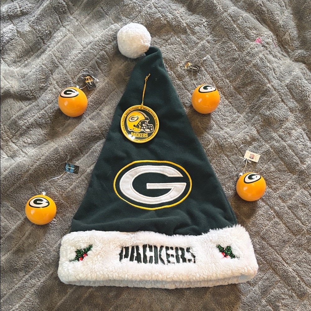 Green Bay Packers Green and White Santa Hat - Holiday Ornaments